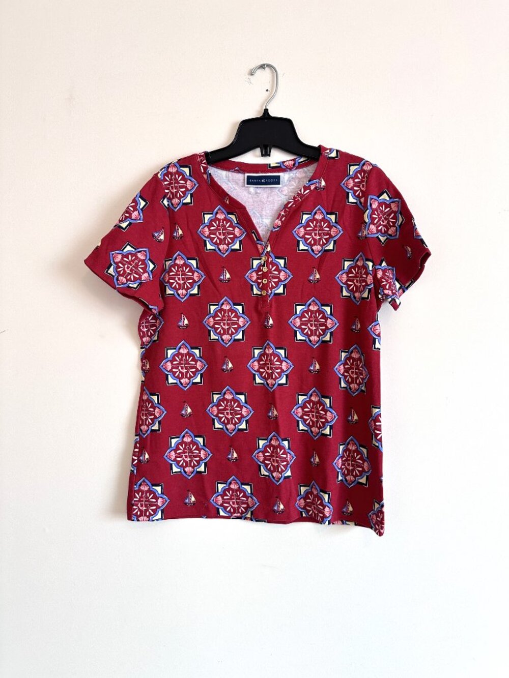 Cotton Blend Short Sleeve Top with Nautical Sailboat and Anchor Print